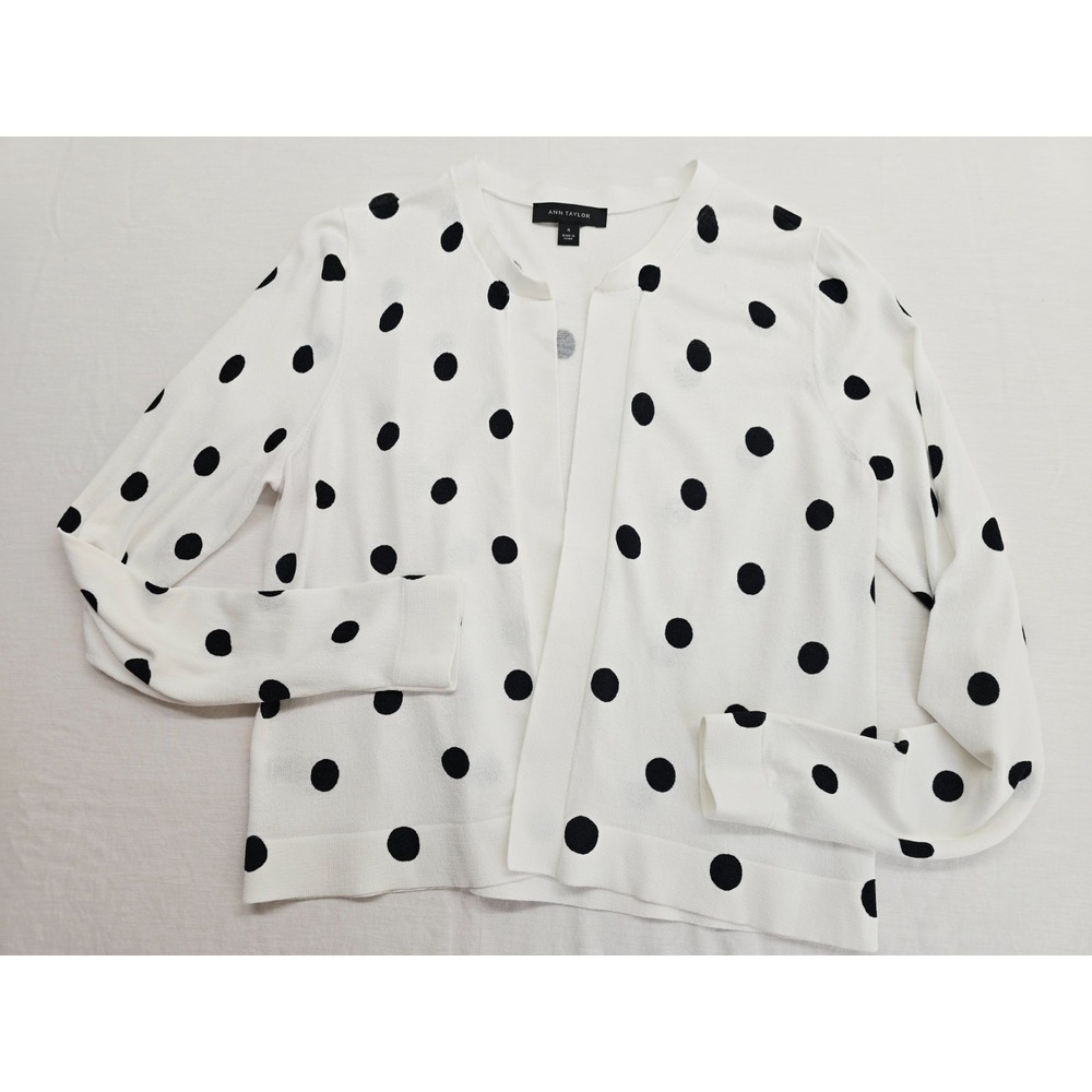 Ann Taylor Cardigan Women M White Polka Dot Open Front Long Sleeve Knit Classic